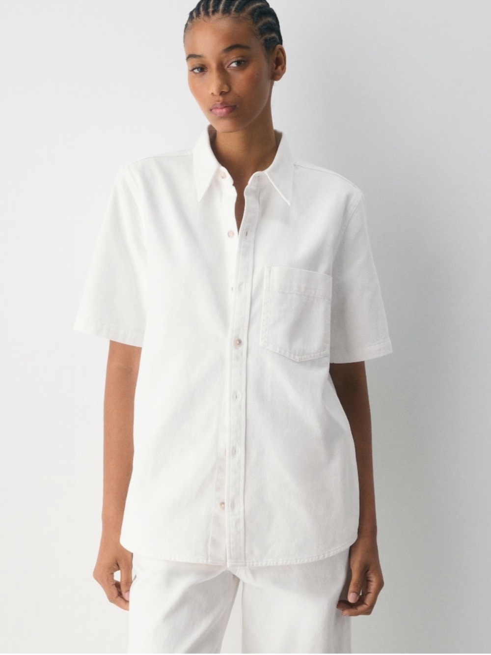Denim Forum 90’s Denim Crisp White Button Down Short Sleeve Relaxed Shirt - Picture 1 of 5